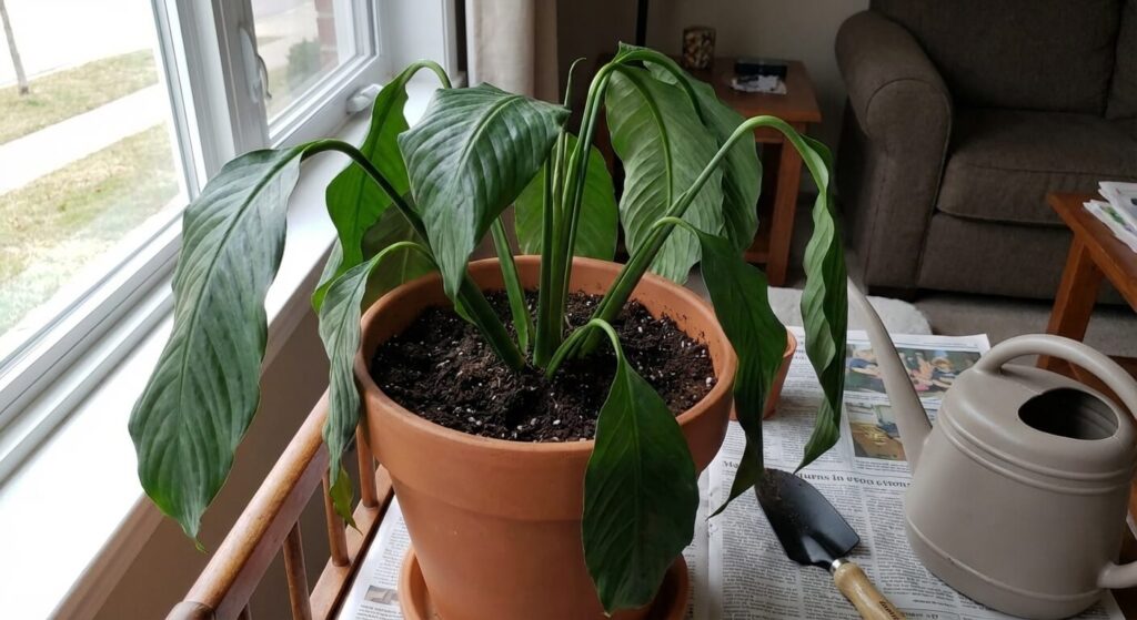 Plante d'intérieur aux feuilles tombantes et flétries quelques jours après un rempotage, illustrant le choc de transplantation.
