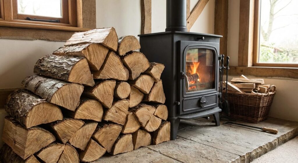 Bûches de noisetier refendues prêtes à être brûlées dans un poêle à bois.