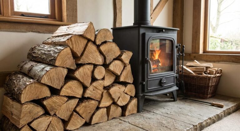 Accueil 11 Bûches de noisetier refendues prêtes à être brûlées dans un poêle à bois.