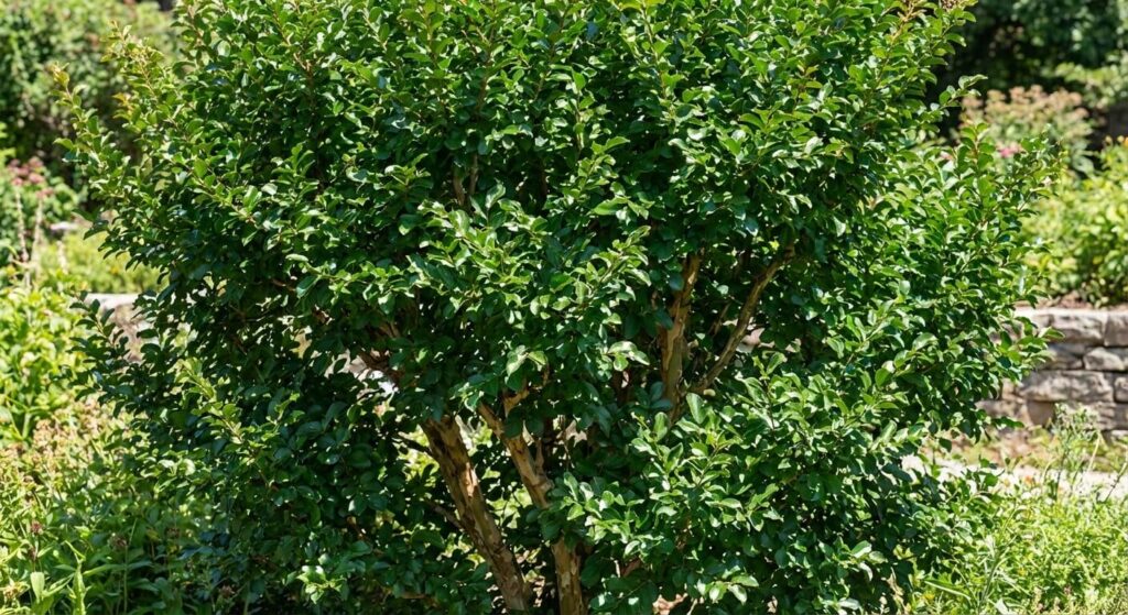 Arbuste Lilas des Indes (Lagerstroemia) très feuillu mais sans aucune fleur en plein été.