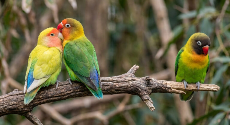 Accueil 4 Trois oiseaux inséparables (Agapornis) sur un perchoir, illustrant une situation sociale risquée avec un oiseau isolé.