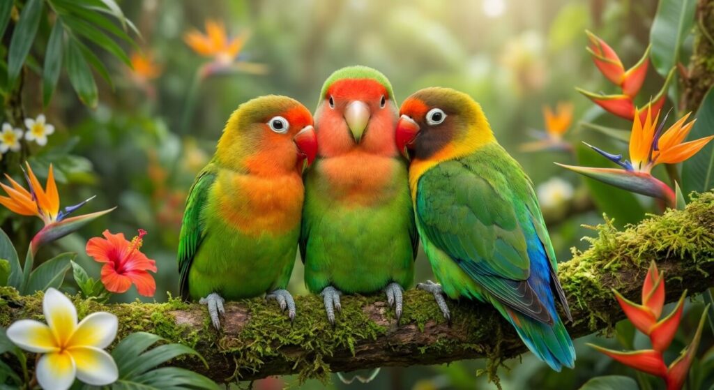 Trois oiseaux inséparables (Agapornis) ensemble