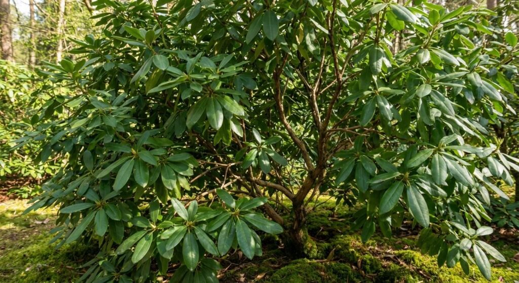 Buisson de Rhododendron au feuillage vert foncé et sain mais dépourvu de fleurs au printemps.
