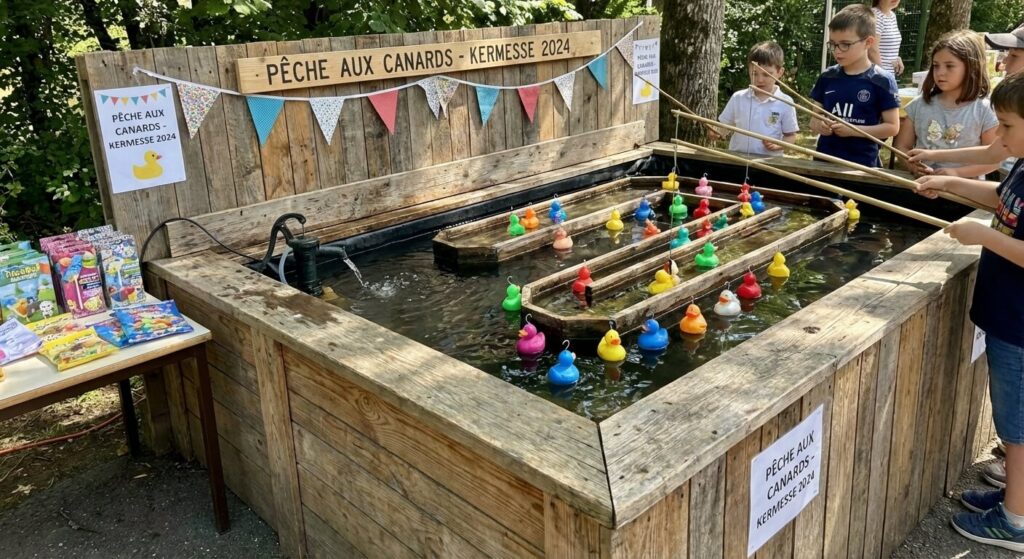 Bac de pêche aux canards fait maison en bois avec un circuit d'eau animé par une pompe pour une kermesse.