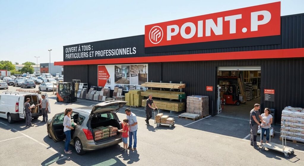 Devanture d'une agence Point.P avec des clients chargeant des matériaux, illustrant l'accès ouvert à tous.