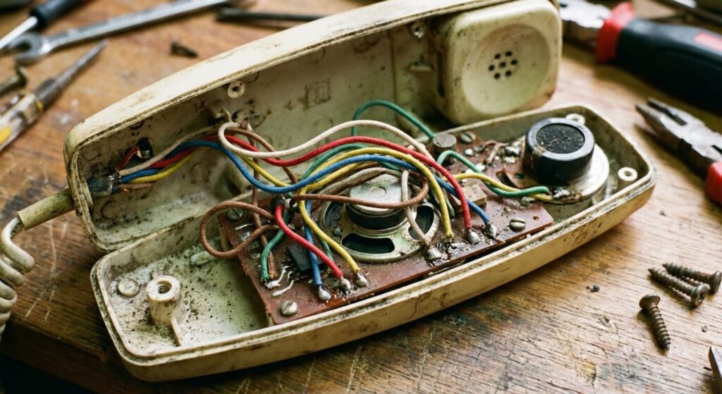 Vieux combiné d'interphone ouvert laissant apparaître un câblage à 6 fils de couleurs différentes.