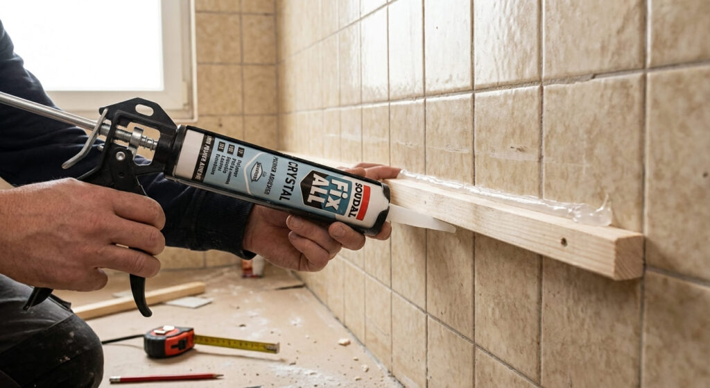 Application de colle polymère au pistolet pour fixer un tasseau de bois directement sur un carrelage existant.