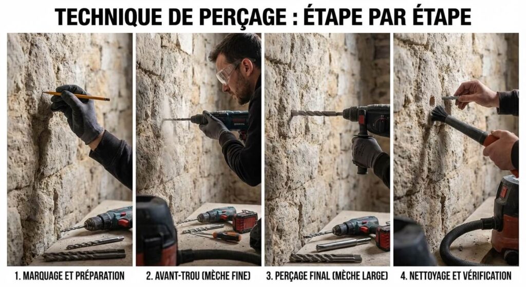 technique de perçage étape par étape d'un mur en pierre