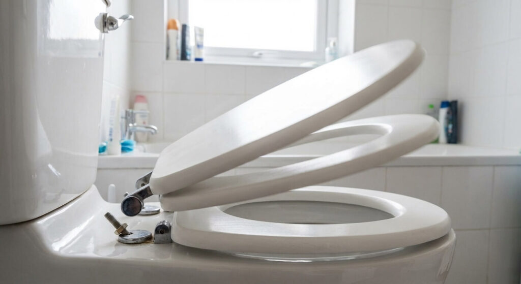 Lunette de WC qui retombe toute seule, illustration du problème de réglage des charnières ou de recul insuffisant.