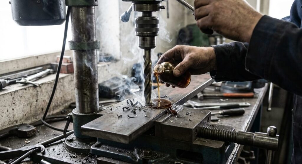 Perçage d'une pièce en acier avec un foret HSS et application d'huile de coupe maison pour refroidir.