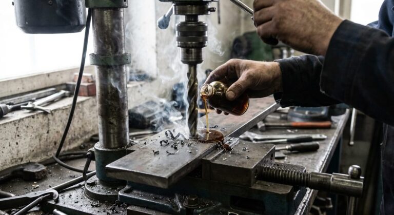 Accueil 5 Perçage d'une pièce en acier avec un foret HSS et application d'huile de coupe maison pour refroidir.