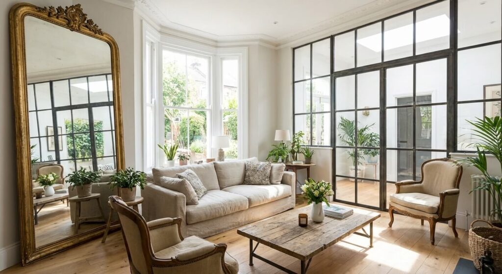 Salon rénové avec une verrière d'atelier et un grand miroir face à la fenêtre pour apporter plus de lumière naturelle.