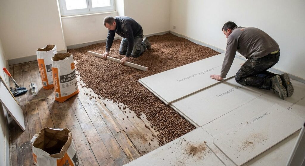 Mise à niveau d'un vieux plancher en bois déformé avec des granules d'égalisation et des plaques de sol (chape sèche).