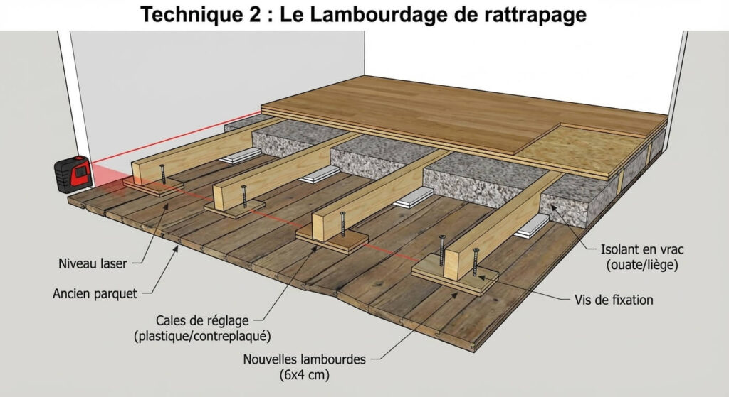Le Lambourdage de rattrapage d'un plancher pas droit