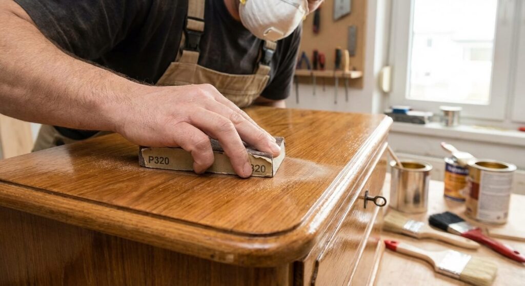 Peut-on vernir par dessus du vernis sans tout poncer à blanc ? 5 Égrenage manuel d'un meuble verni au papier de verre fin avant l'application d'une nouvelle couche de vernis.