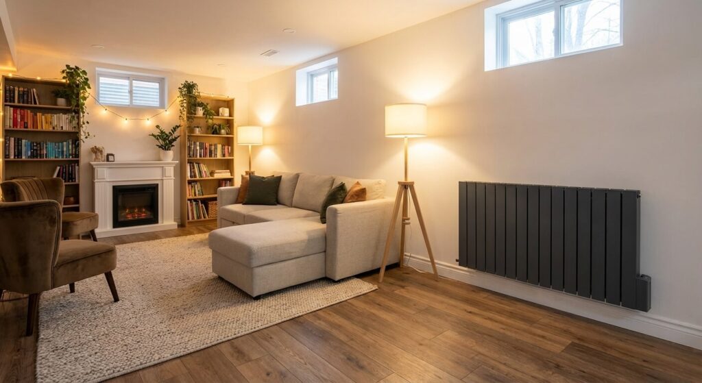 Chauffer un sous-sol : quelles solutions pour le rendre habitable ? 6 Sous-sol aménagé en pièce à vivre confortable avec un radiateur électrique à inertie fixé au mur isolé.