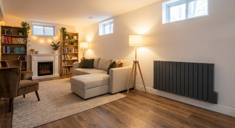 Accueil 1 Sous-sol aménagé en pièce à vivre confortable avec un radiateur électrique à inertie fixé au mur isolé.
