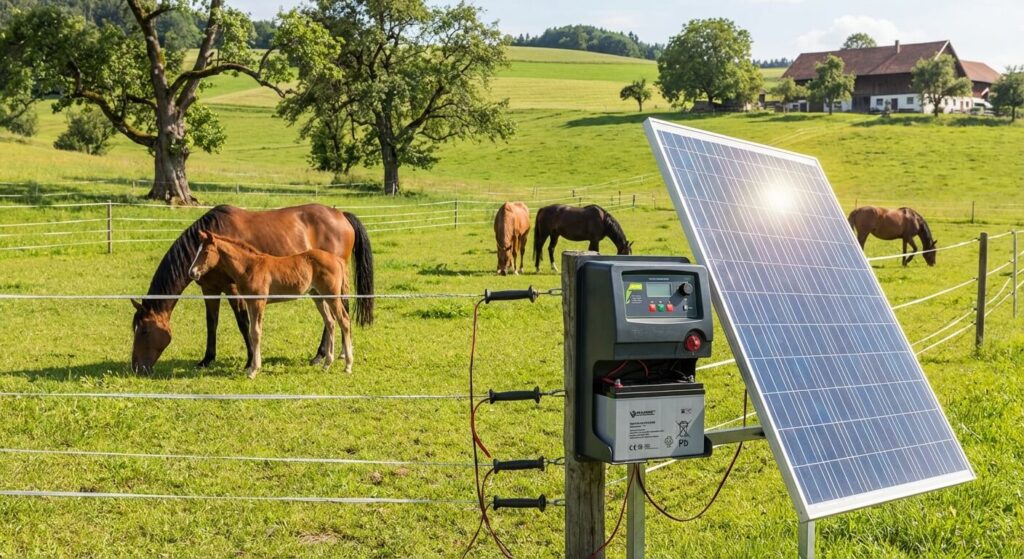 Chevaux pâturant paisiblement dans un pré sécurisé par un électrificateur de clôture solaire autonome et son panneau photovoltaïque visible au premier plan.