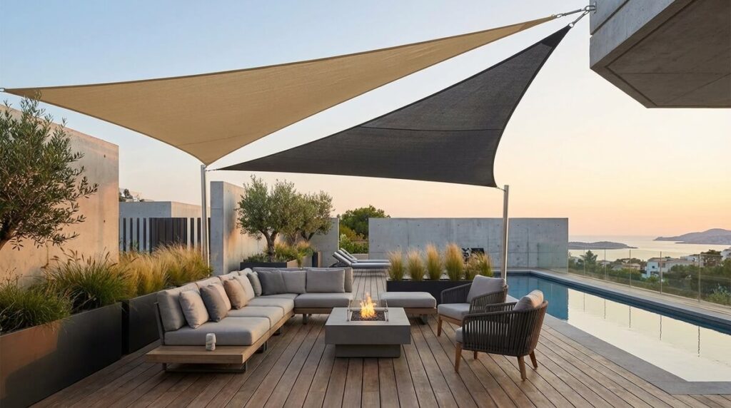 Terrasse moderne aménagée avec deux voiles d'ombrage triangulaires superposées pour protéger un salon de jardin.