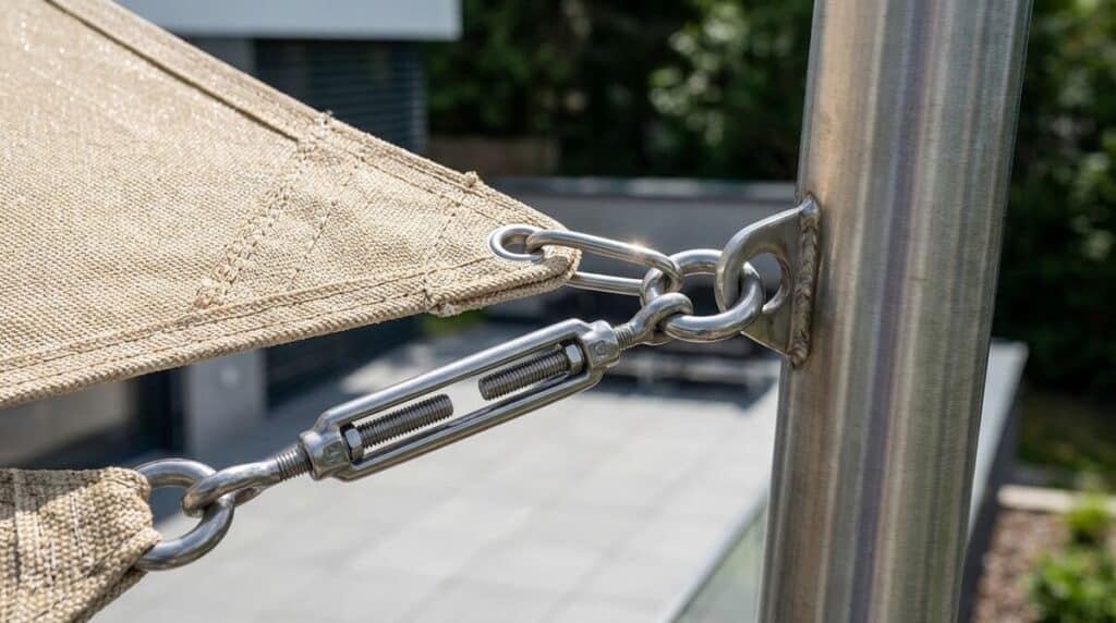Détail d'un système de fixation de voile d'ombrage avec tendeur sur un mât en acier inoxydable.