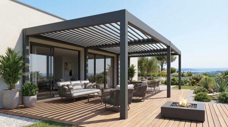 Grande pergola bioclimatique gris anthracite à lames orientables installée sur une terrasse en bois moderne.