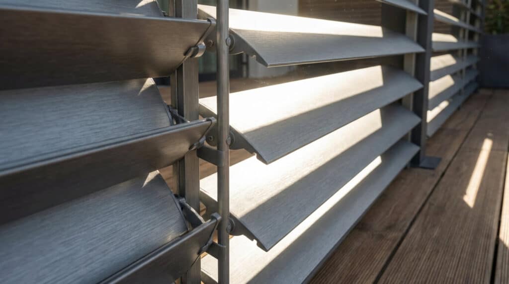Gros plan sur les lames orientables en aluminium d'une pergola permettant de filtrer la lumière du soleil.