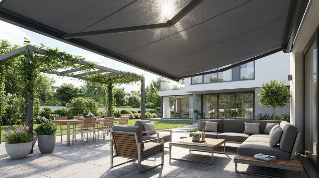 Comment choisir son store banne pour une terrasse ombragée et protégée ? 4 Terrasse aménagée ombragée par un store banne gris anthracite moderne