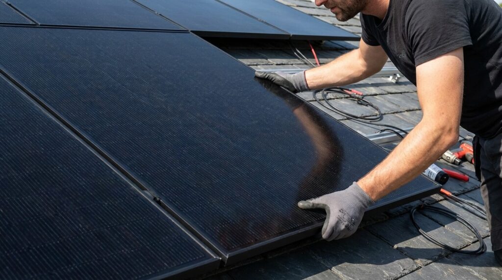 Installation de panneaux solaires haute performance technologie TOPCon sur toiture résidentielle.