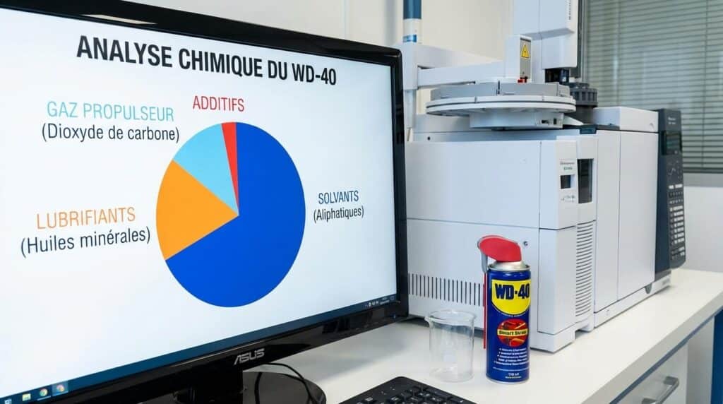 Analyse de la composition chimique du WD-40 montrant la répartition entre solvants, lubrifiants et gaz propulseur