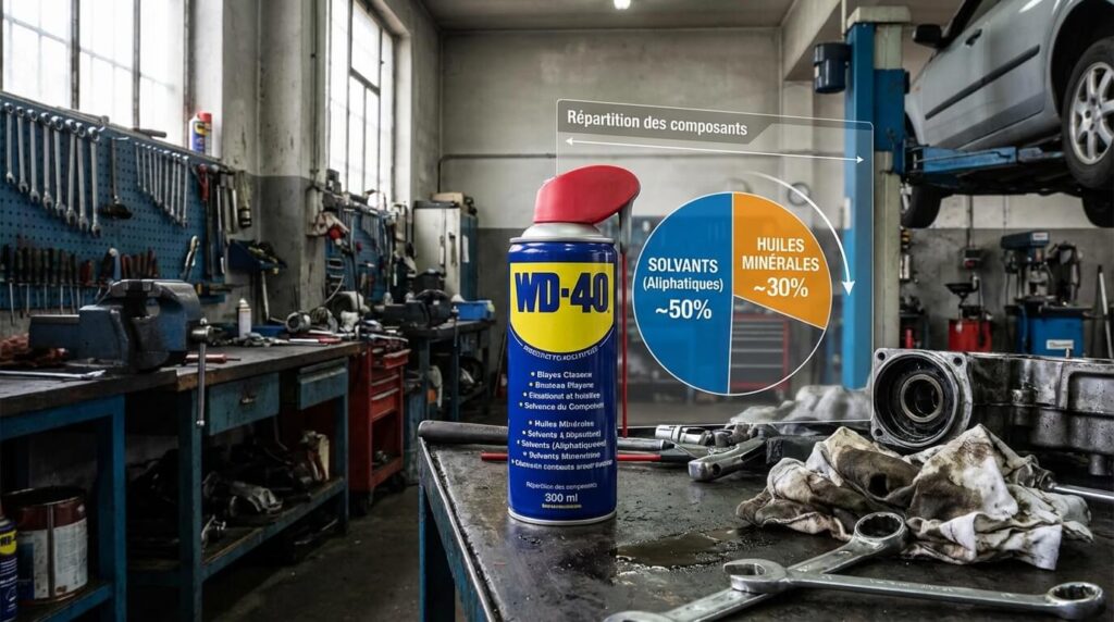 Bidon de WD-40 dans un atelier mécanique avec un schéma superposé montrant la répartition entre solvants et huiles