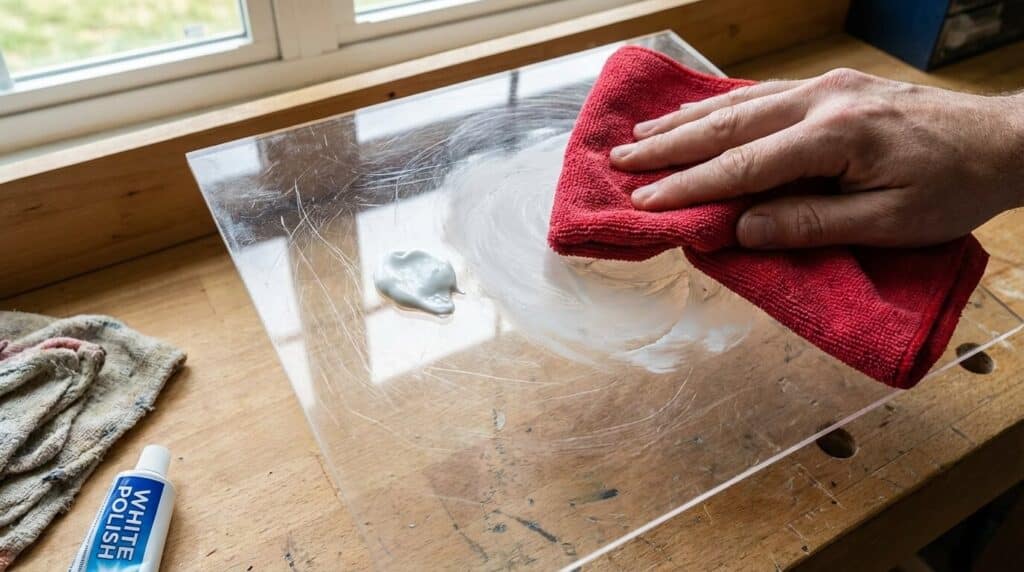 Main appliquant du dentifrice blanc sur une plaque de plexiglas rayée à l'aide d'un chiffon microfibre pour polir la surface