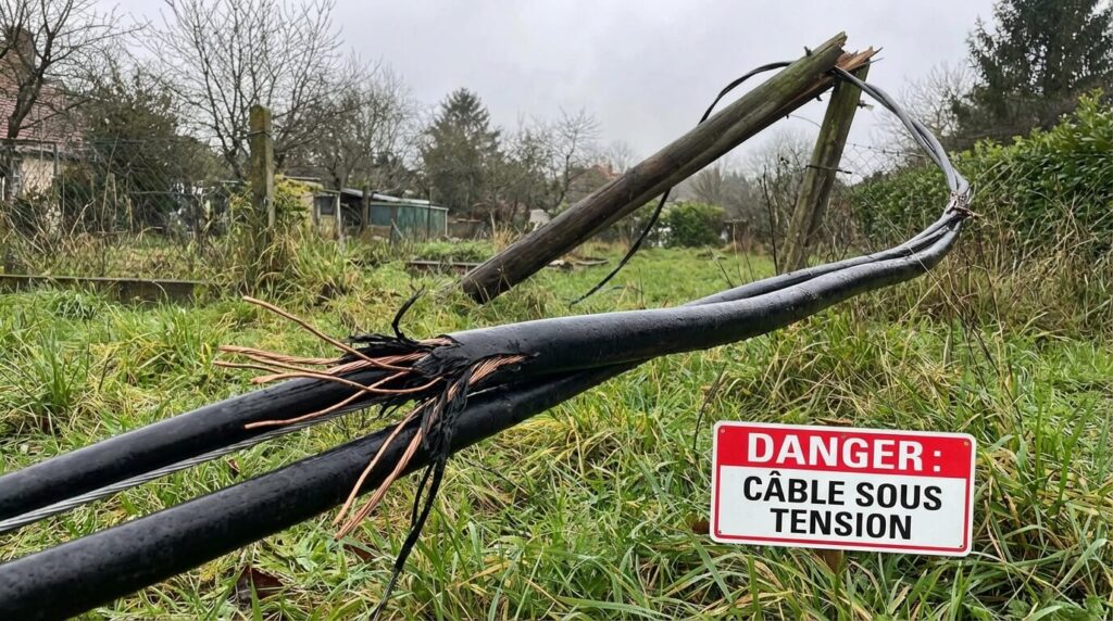 Câble téléphonique noir décroché d'un poteau gisant dans l'herbe d'un jardin, illustrant un danger potentiel