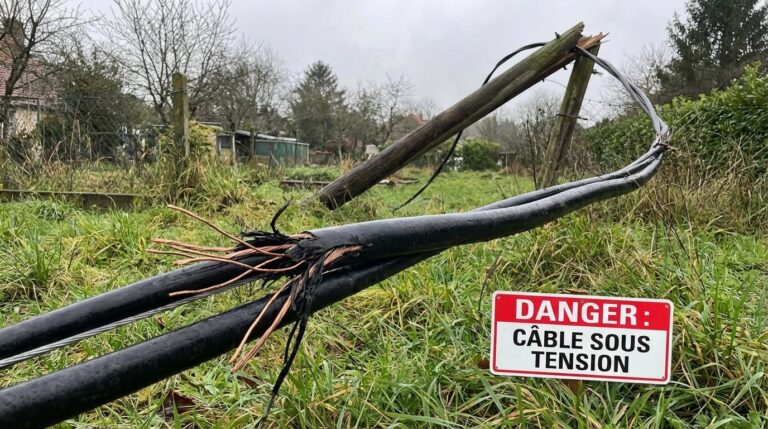 Câble téléphonique noir décroché d'un poteau gisant dans l'herbe d'un jardin, illustrant un danger potentiel