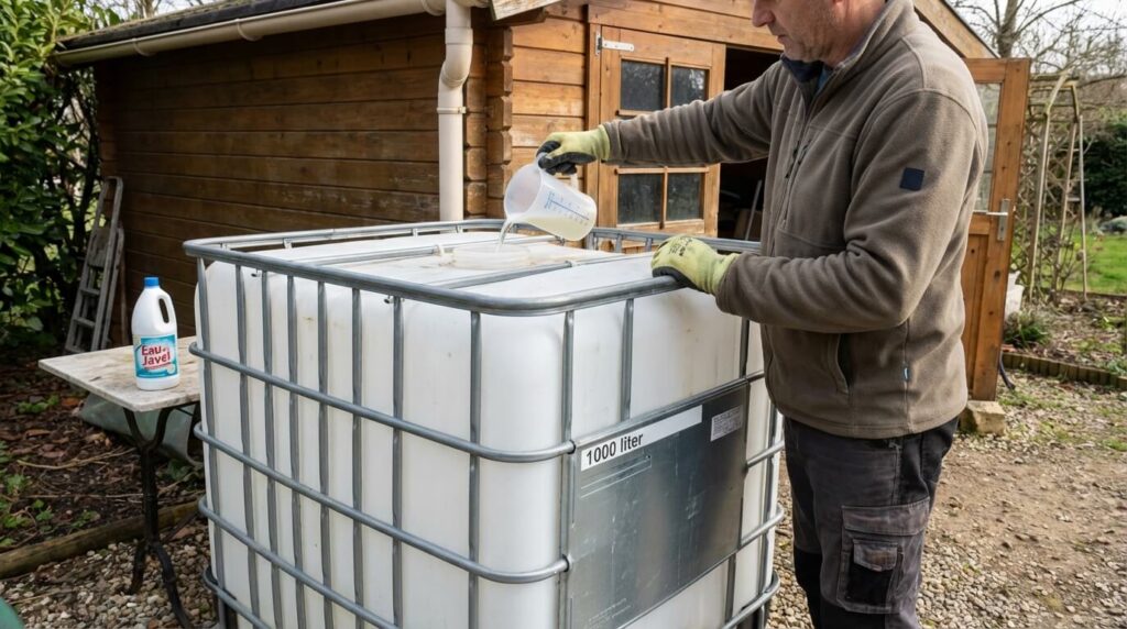 Propriétaire versant une dose précise d'eau de javel dans une cuve de récupération d'eau de pluie de 1000 litres pour la traiter