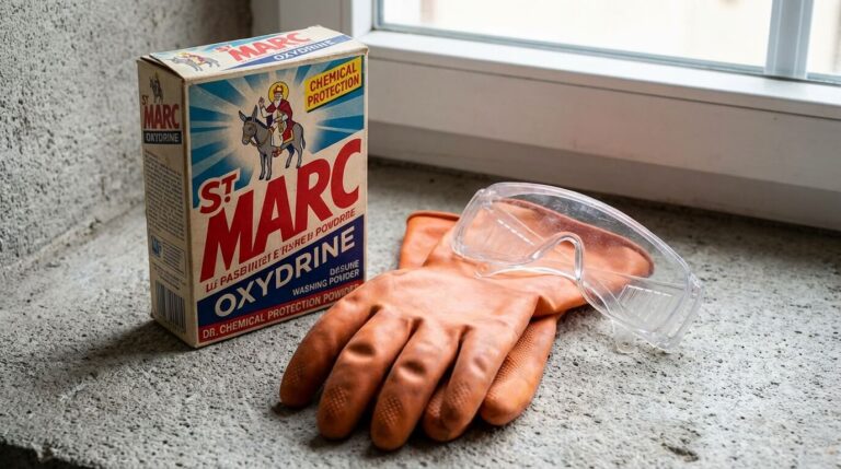Accueil 1 Paquet de lessive St Marc Oxydrine posé à côté d'une paire de gants de protection chimique et de lunettes de sécurité
