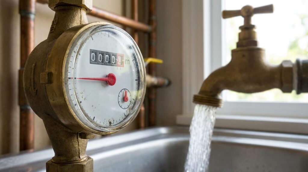 Compteur d'eau bloqué : Que faire, qui appeler et quels risques ? 2 Cadran d'un compteur d'eau divisionnaire dont l'aiguille rouge est immobile alors que le robinet est ouvert