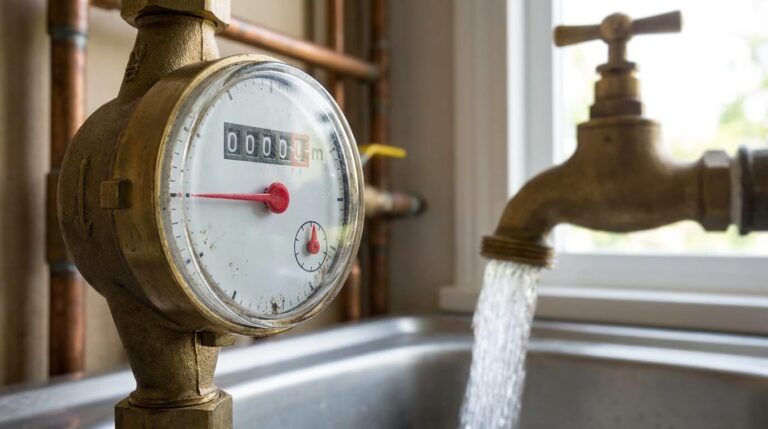 Accueil 1 Cadran d'un compteur d'eau divisionnaire dont l'aiguille rouge est immobile alors que le robinet est ouvert