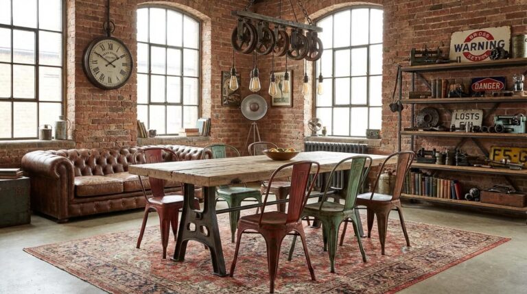 Salon décoré dans un "esprit mobilier" industriel mélangeant table en bois brut rénovée, chaises en métal et décoration vintage