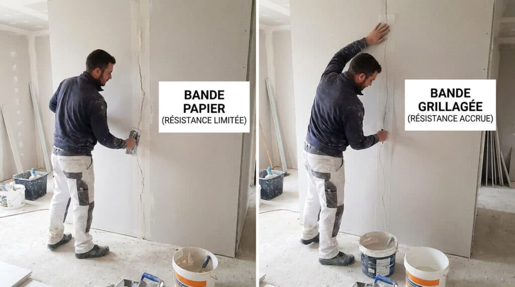 Plaquiste posant une bande à joint papier à gauche et une bande grillagée à droite pour comparer la résistance aux fissures