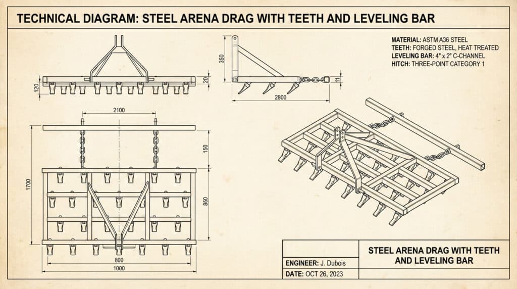 Schéma technique pour la fabrication d'une herse de carrière en acier avec dents et barre de nivellement
