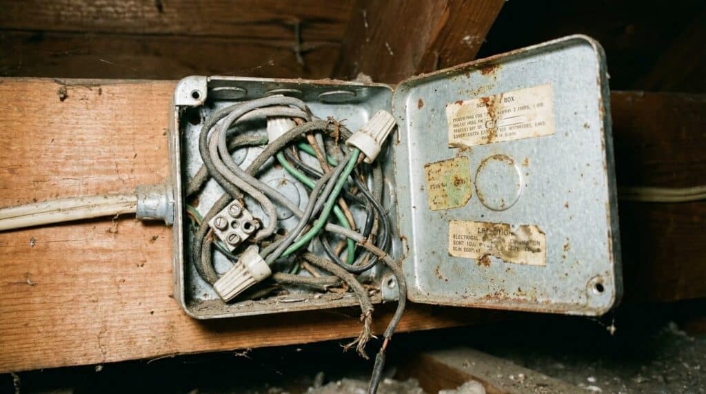 Couleur fil électrique année 80 : Normes, Dangers et Identification des câbles anciens 2 Boîte de dérivation électrique ancienne ouverte montrant des fils aux couleurs mélangées (gris, vert, noir) typiques des années 70-80