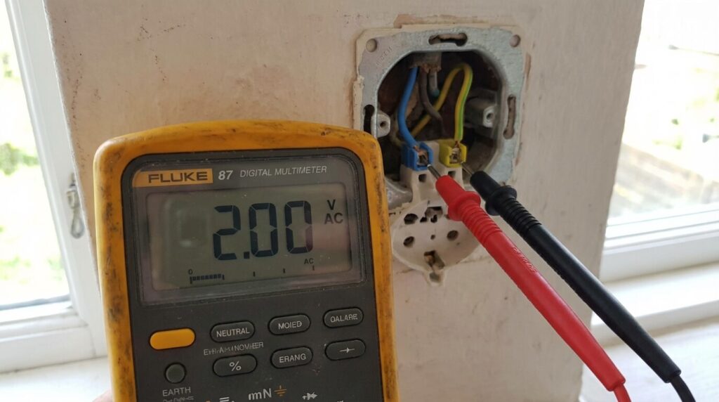 Tension entre Neutre et Terre : Valeur normale, Tolérance et Dangers 2 Écran de multimètre affichant une tension résiduelle de 2 Volts lors d'une mesure entre le neutre et la terre d'une prise secteur