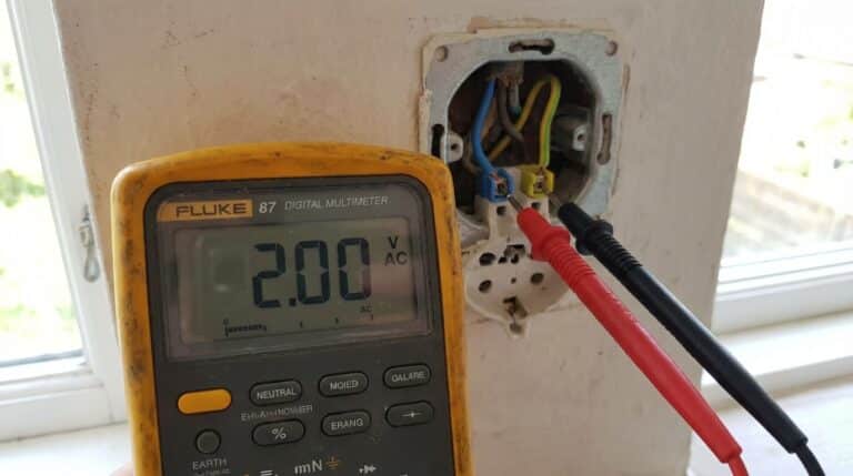 Accueil 3 Écran de multimètre affichant une tension résiduelle de 2 Volts lors d'une mesure entre le neutre et la terre d'une prise secteur