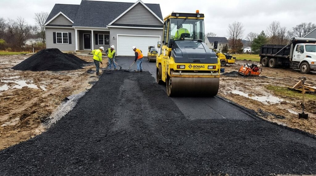 Fraisat d'enrobé : La solution économique pour vos allées (Prix, Pose, Durée de vie) 2 Allée carrossable en cours d'aménagement avec du fraisat d'enrobé compacté au rouleau compresseur