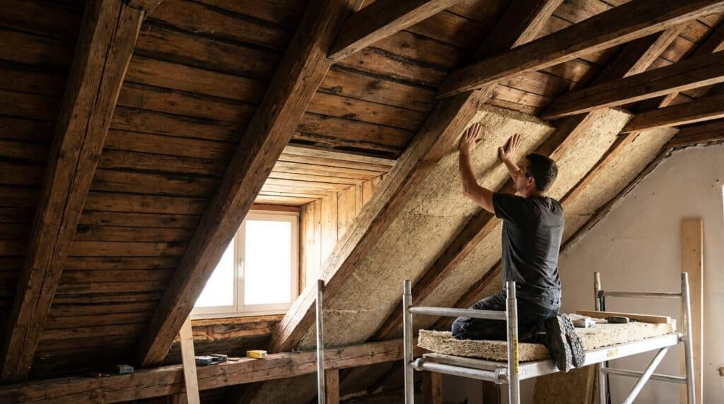 Isolation entre poutres apparentes : Techniques, Matériaux et Ponts thermiques 2 Pose de panneaux de laine de bois flexibles entre des solives de plafond pour préserver l'esthétique des poutres apparentes