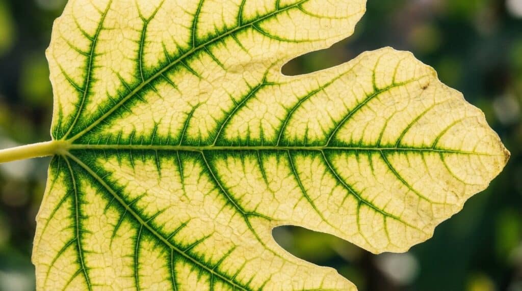Feuilles jaunes sur un Figuier : Causes, Diagnostic et Traitements naturels 2 Gros plan sur une feuille de figuier jaunissante avec les nervures restées vertes, symptôme typique de la chlorose ou d'une carence