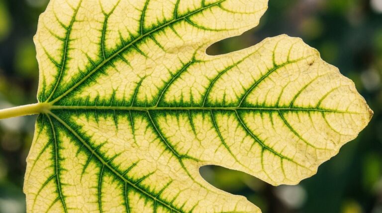 Accueil 1 Gros plan sur une feuille de figuier jaunissante avec les nervures restées vertes, symptôme typique de la chlorose ou d'une carence