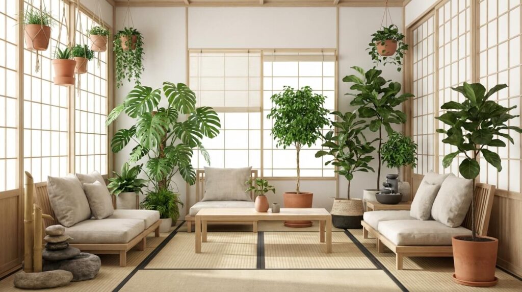 Intérieur de maison zen décoré de nombreuses plantes vertes (Monstera, Ficus) créant une atmosphère apaisante propice au bien-être