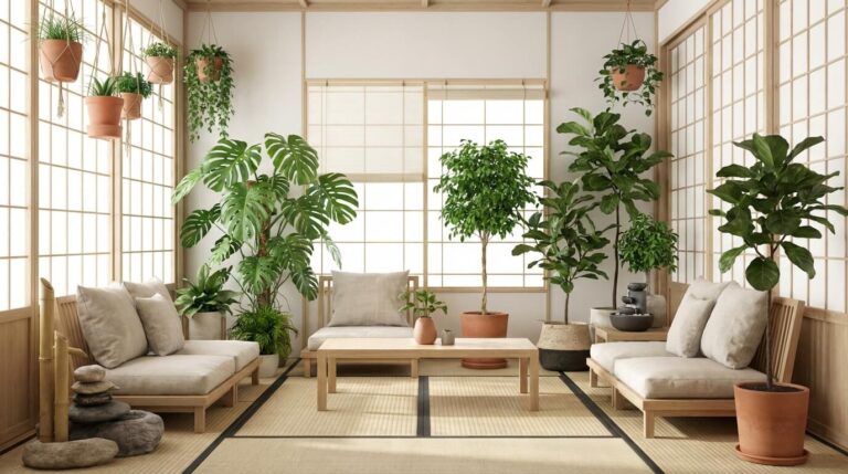 Accueil 1 Intérieur de maison zen décoré de nombreuses plantes vertes (Monstera, Ficus) créant une atmosphère apaisante propice au bien-être