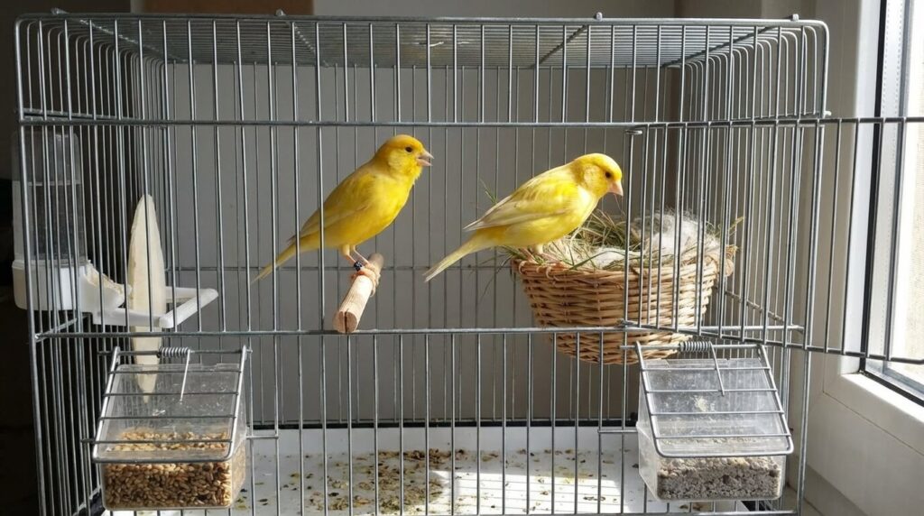 Couple de canaris jaunes dans une cage d'élevage préparant leur nid, illustrant la configuration standard 1 mâle pour 1 femelle